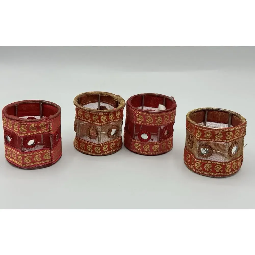 Set of 4 Embroidery Zari Semi-Sheer Fabric Red Indian Napkin Rings